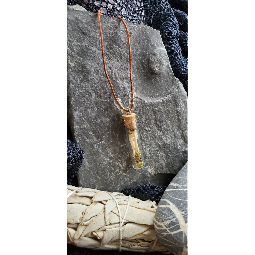 13" Leather and Vial Pendant with Mouse Bones and Pyrite