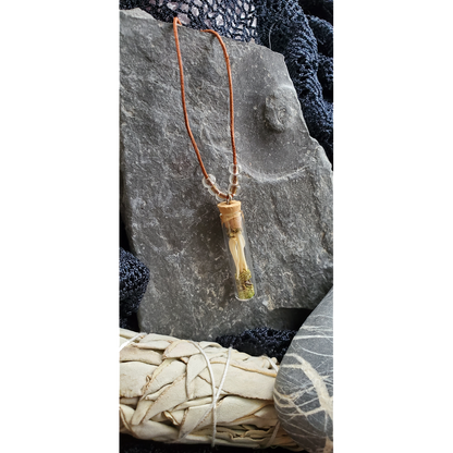 13" Leather and Vial Pendant with Mouse Bones and Pyrite